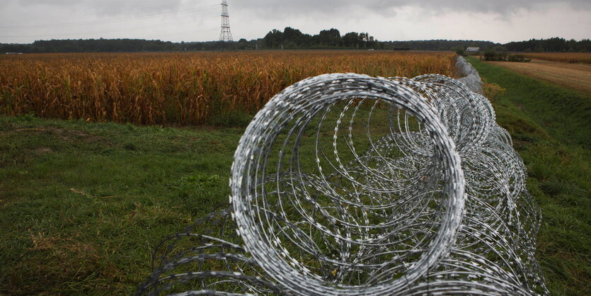 Ein Stacheldrahtzaun durchschneidet eine Landschaft