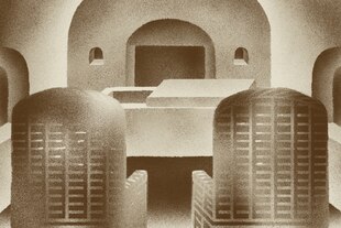 Eine monochrome Illustration einer römischen Grabkammer