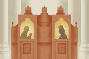 Illustration eines Beichtstuhls, durch Milchglasscheiben sieht man die Silhouette von zwei Personen, die miteinander reden