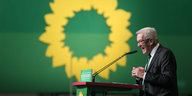 Winfried Kretschmann hält eine Rede, im Hintergrund das riesige Bild einer Sonnenblume