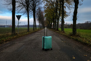 Ein grüner Koffer steht auf einer Landstraße