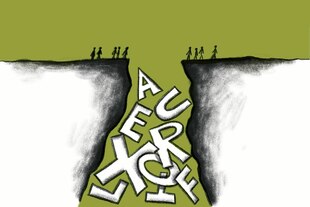 Illustration von Buchstaben in einer Schlucht und kleinen Figürchen, die am Abgrund stehen