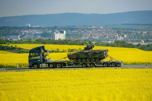 Ein Transporter mit einem aufgeladenen Panzer fährt durch ein Rapsfeld.