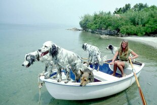 Brigitt Bardot mit Hunden in einem Ruderboot
