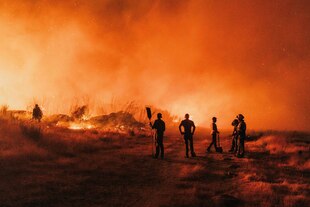 Menschen bei Löscharbeiten eines Waldbrandes Menschen bei Löscharbeiten eines Waldbrandes
