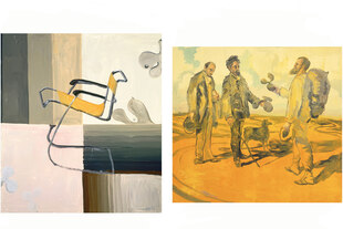 Zwei Bilder von Anton Henning, eines stellt einen Stahlrohrstuhl dar, das andere ein surrealistisches Gruppentreffen.