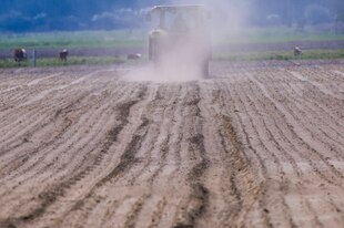 Ein Traktor fährt über einen Acker und wirbelt eine Staubwolke auf.