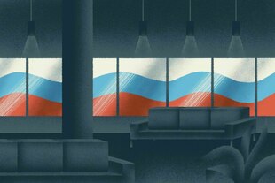 Eine Illustration zeigt eine russische Fahne in einem Fenster.