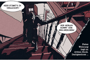 Zeichnung aus dem Comic: Im Treppenhaus auf dem Weg in Honkas Bude oben im dritten Stock bemerkt eine Person Gestank Zeichnung aus dem Comic: Im Treppenhaus auf dem Weg in Honkas Bude oben im dritten Stock bemerkt eine Person Gestank