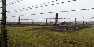 Fundamente von Gefangenenbaracken in Auschwitz-Birkenau hinter einem Stacheldrahtzaun.