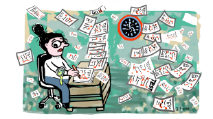 Eine Illustration zeigt eine Lehrerin an einem Schreibtisch mit vielen Klassenarbeiten