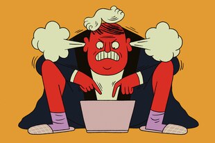 Illustration eines Richters der wütend vorm Laptop tippt Illustration eines Richters der wütend vorm Laptop tippt