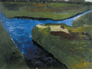 Ein von unregelmäßigen grünen Flächen begrenztes blaues Zickzack trägt den Titel „Moorgraben“