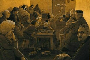 Zeichnung in Gelbtönen zeigt Menschen in einem Luftschutzkeller Zeichnung in Gelbtönen zeigt Menschen in einem Luftschutzkeller