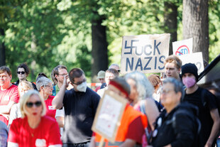 Demonstration gegen rechts in Uelzen. Auf einem Plakat steht: "Fuck Nazis". Demonstration gegen rechts in Uelzen. Auf einem Plakat steht: "Fuck Nazis".