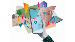 Eine Illustration zeigt ein Smartphone und Standortsymbole Eine Illustration zeigt ein Smartphone und Standortsymbole