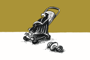 Ein Adler im Kinderwagen und ein Schnuller mit USA-Flagge