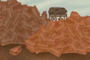 Die Illustration zeigt ein kaputtes Fachwerkhaus hinter Schutthaufen