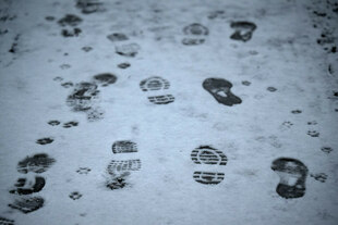 Menschen und Hunde haben bei winterlichem Wetter auf einem Gehweg ihre Spuren im Schnee hinterlassen