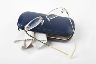 Eine randlose Brille und ein Brillenetui.