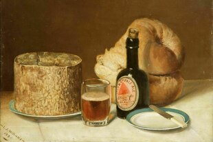 Ein gemaltes Stilleben zeigt Bier, Brot und Käse Ein gemaltes Stilleben zeigt Bier, Brot und Käse