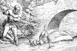 Eine histrorische Darstellung zeigt Männer in mittelalterlichen Gewändern, die eine Frau in einem Fluss ertränken.