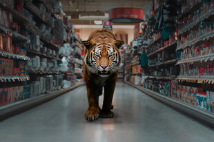 Ein Tiger läuft zwischen Supermarktregalen, Szene aus Julian Rosefeldts Filminstallation Euphoria von 2025