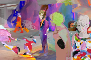 Eine Illustration - Bunt und collagenhaft - Im Mittelpunkt ein junger, melancholischer Mann im Anzug, umgeben von Figuren in Bewegung