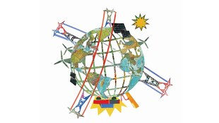 Eine Illustration zeigt eine Erdkugel mit Strommasten Eine Illustration zeigt eine Erdkugel mit Strommasten