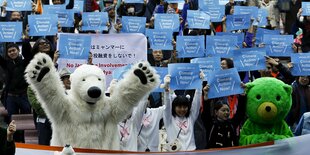 Protestierende halten Schilder in die Luft, im Vordergrund jemand in einem Eisbärkostüm