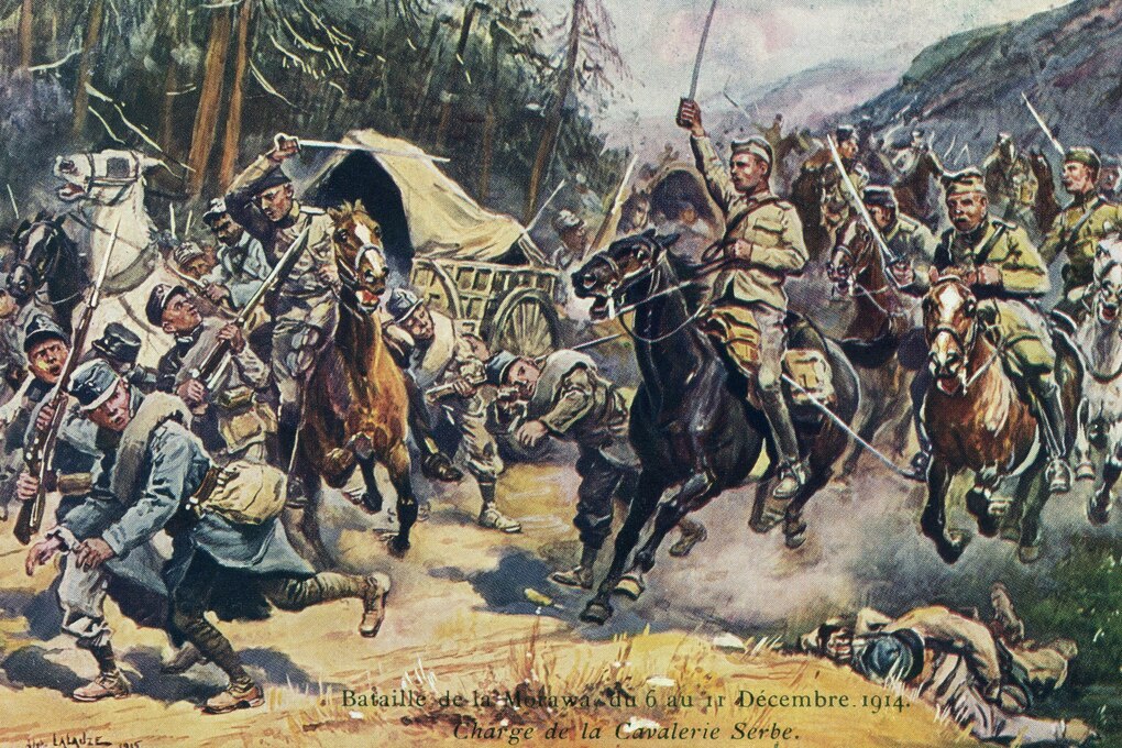 Gemälde der Schlacht um Morawa in Bosnien, 1914