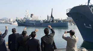 Ein mutmaßliches Walfangschiff legt in einem Hafen ab. Mehrere Schaulustige winken