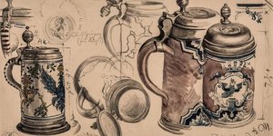 Zeichnungen von Bierkrügen aus Keramik und mit Zinndeckeln