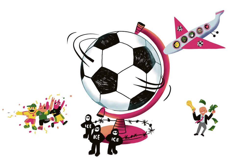 Eine Illustration zeigt einen Ball als Globus mit ein paar Figuren und einem Flugzeug