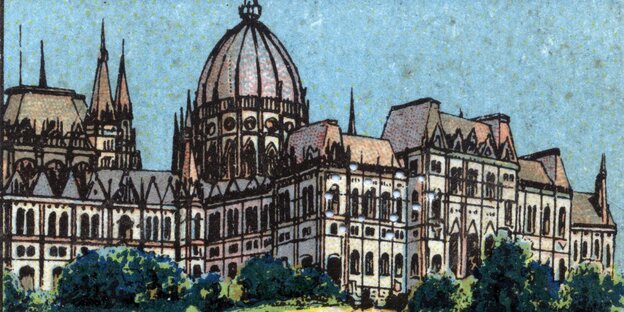 Eine Litographie des Parlaments in Budapest.