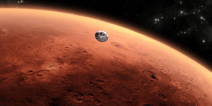 Eine Raumsonde fliegt den Mars an (graphische Darstellung)