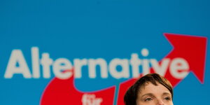 Frauke Petrys obere Gesichtshälfte vor dem AfD-Logo