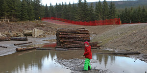 Kind in Riesenpfütze vor einem Holzstapel am Waldrand.