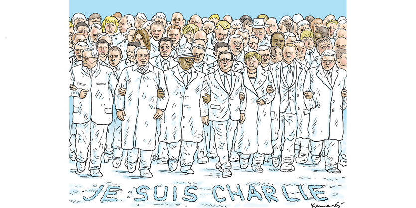 Karikatur zeigt Staats- und RegierungschefInnen Arm in Arm bei Charlie Hebdo Demo am 11.01.2015