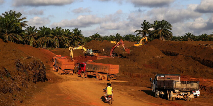 In Pahang, Malaysia, bauen Bagger Bauxit auf einer großen Baustelle ab.