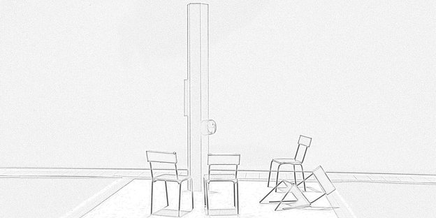 Eine Zeichnung zeigt einen Pfahl und vier Stühle, einer davon umgefallen.