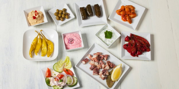 Diverse Meze – türkische Vorspeisen – auf kleinen Porzellanschalen verteilt Diverse Meze – türkische Vorspeisen – auf kleinen Porzellanschalen verteilt