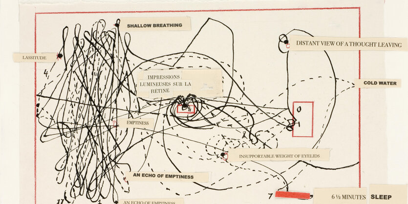 Die Collage des südafrikanischen Künstlers William Kentridge skizziert die Wege, die er in seinem Atelier geht