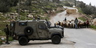 Ein Soldat steht neben einem Militärfahrzeug, eine Schafherde näher sich ihnen