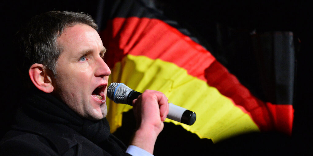 Björn Höcke spricht in ein Mikrofon, im Hintergrund eine Deutschlandfahne.