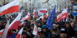 Menschenmenge mit Flaggen Polens und der EU