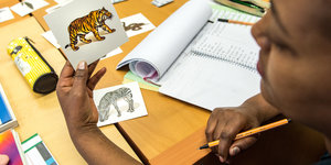 Eine Frau sitzt an einem Tisch und hält eine Karte mit einem Tiger hoch