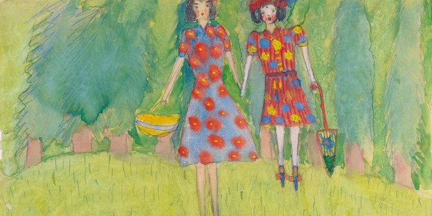 Bild von zwei Mädchen in Sommerkleider auf einem grüngelben Feld