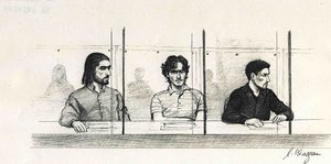 Eine Gerichtszeichnung zeigt drei Männer.