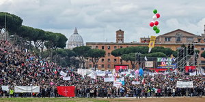 Sehr viele Demonstranten mit bunten Bannern im Circus Maximus in Rom.
